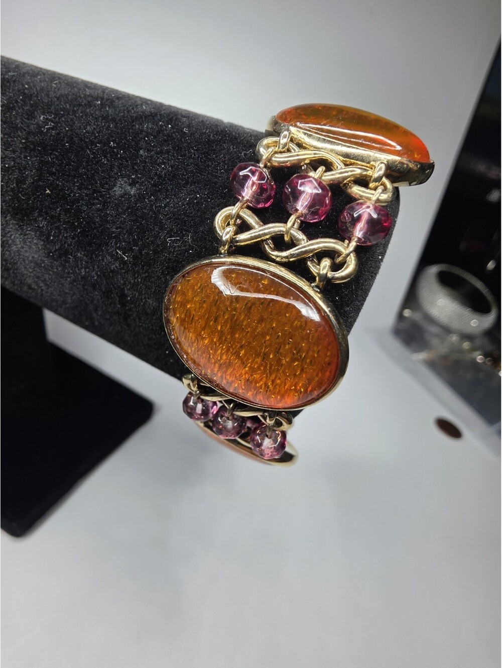 Vintage Gold Tone Amber Colour and Pinkish Colour Stones, Costume Jewellery